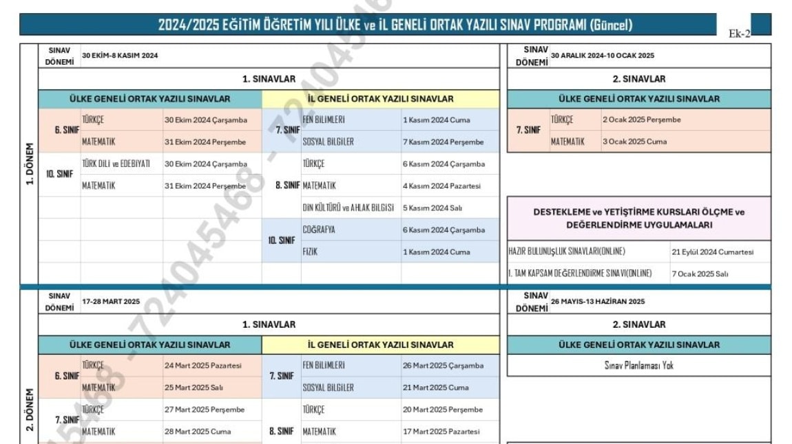 2024/2025 EĞİTİM ÖĞRETİM YILI ÜLKE VE SAKARYA İL GENELİ ORTAK YAZILI SINAV PROGRAMI(Güncel)